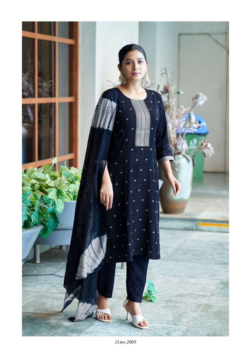 Mystic 9 Dolly Vol 2 Rayon Embroidery Casual Wear Kurti Pant Dupatta Set