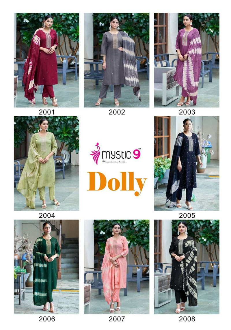 Mystic 9 Dolly Vol 2 Rayon Embroidery Casual Wear Kurti Pant Dupatta Set