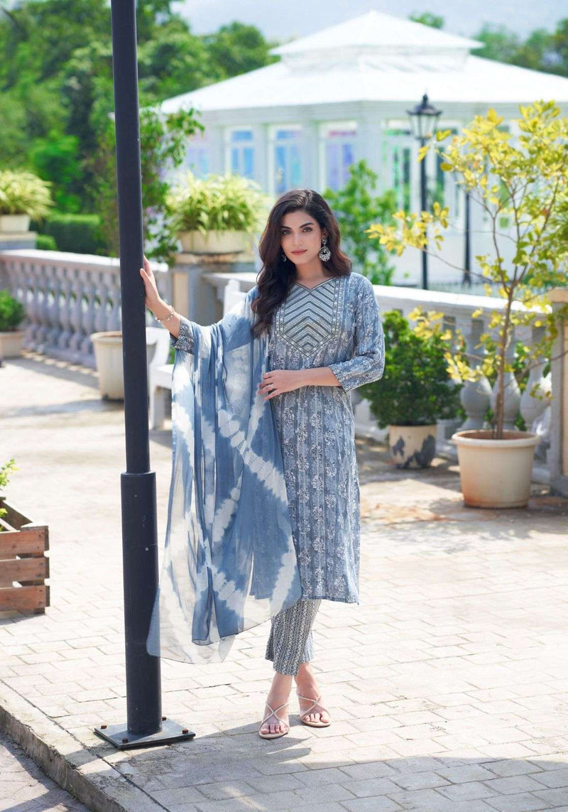 Mystic 9 Meera Vol 1 Rayon Capsule Foil Print Daily Wear Kurti Pant Dupatta Set