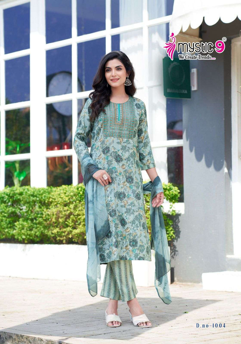 Mystic 9 Meera Vol 1 Rayon Capsule Foil Print Daily Wear Kurti Pant Dupatta Set