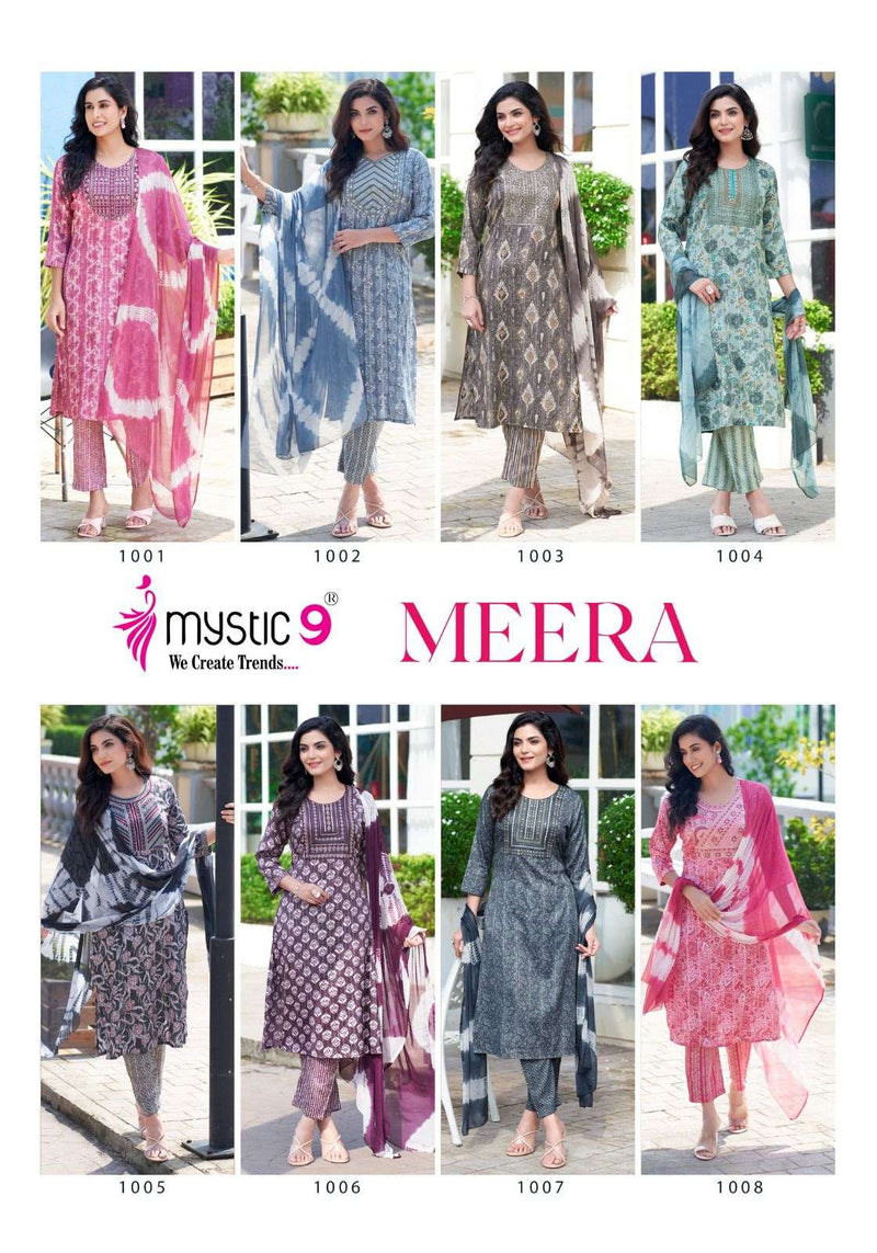 Mystic 9 Meera Vol 1 Rayon Capsule Foil Print Daily Wear Kurti Pant Dupatta Set