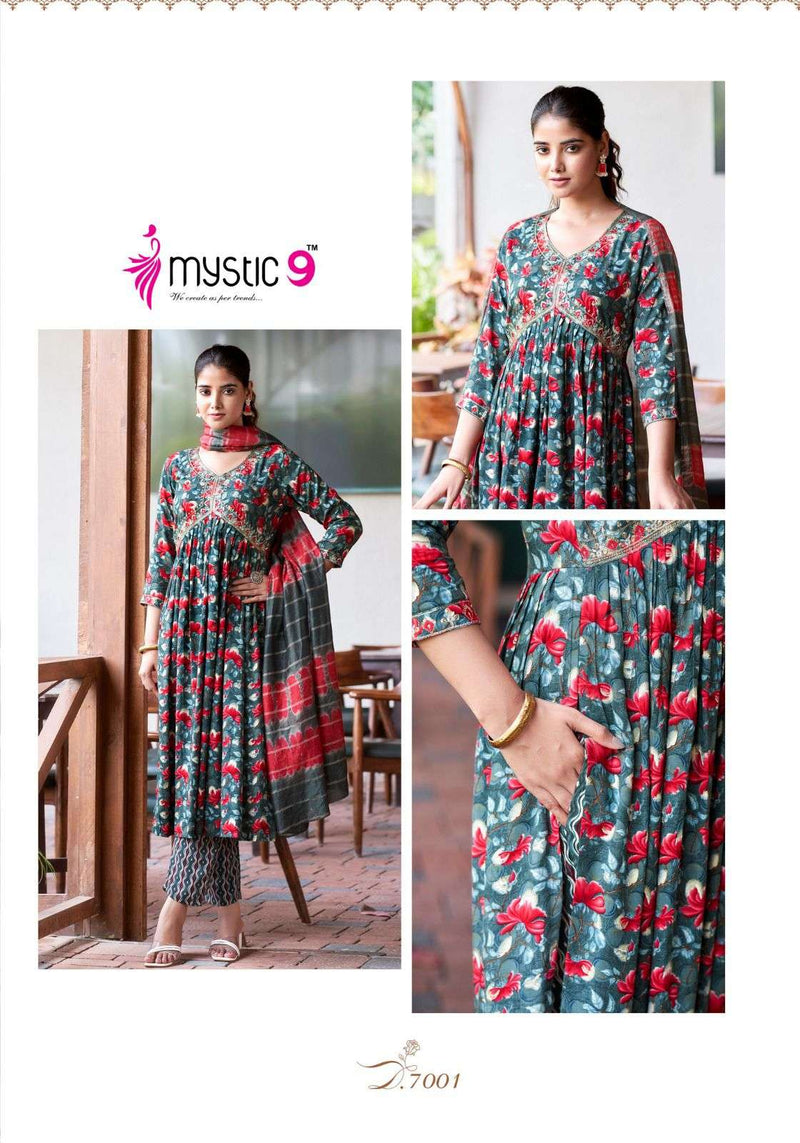 Mystic 9 Pooja Vol 7 Rayon Casual Wear Nyra Cut Kurti Pant Dupatta Set