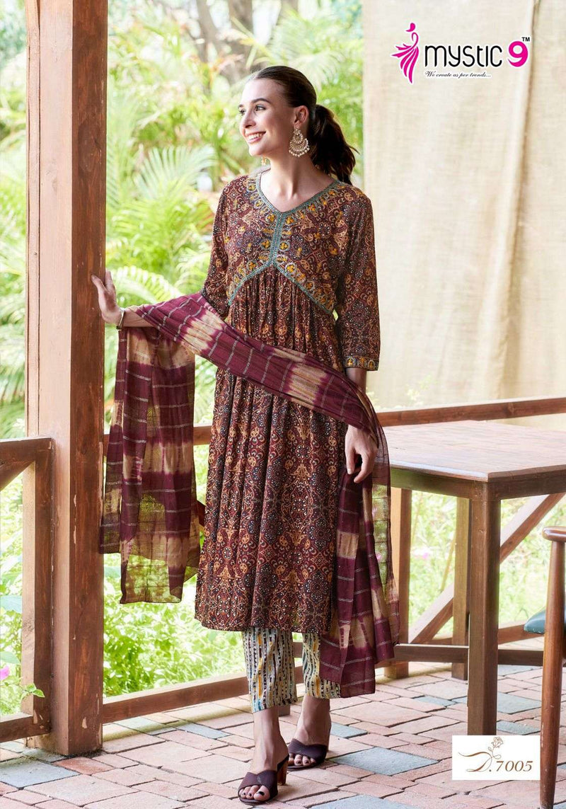 Mystic 9 Pooja Vol 7 Rayon Casual Wear Nyra Cut Kurti Pant Dupatta Set