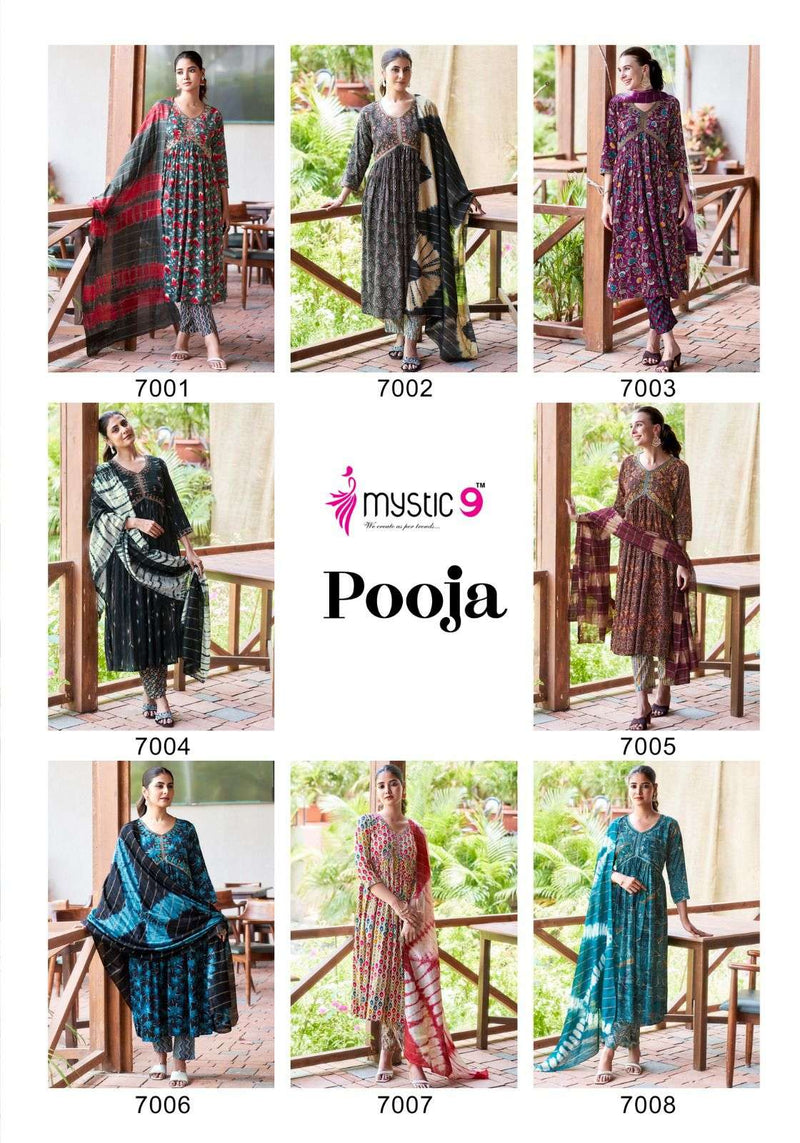 Mystic 9 Pooja Vol 7 Rayon Casual Wear Nyra Cut Kurti Pant Dupatta Set