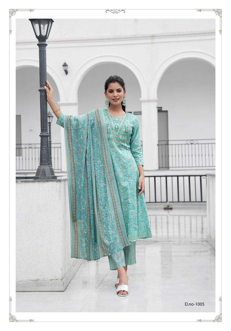 Mystic 9 Roop Vol 1 Cotton Foil Printed Nyra Cut Kurti Pant Dupatta Set