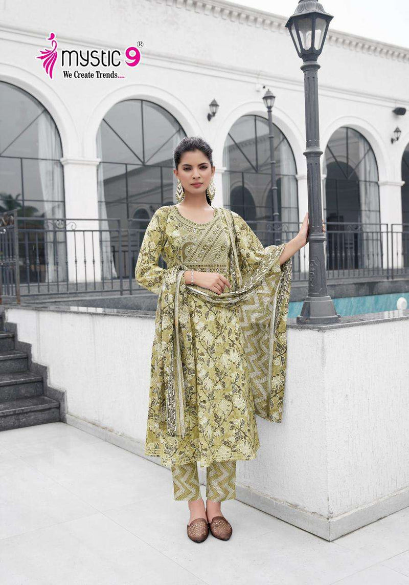 Mystic 9 Roop Vol 1 Cotton Foil Printed Nyra Cut Kurti Pant Dupatta Set