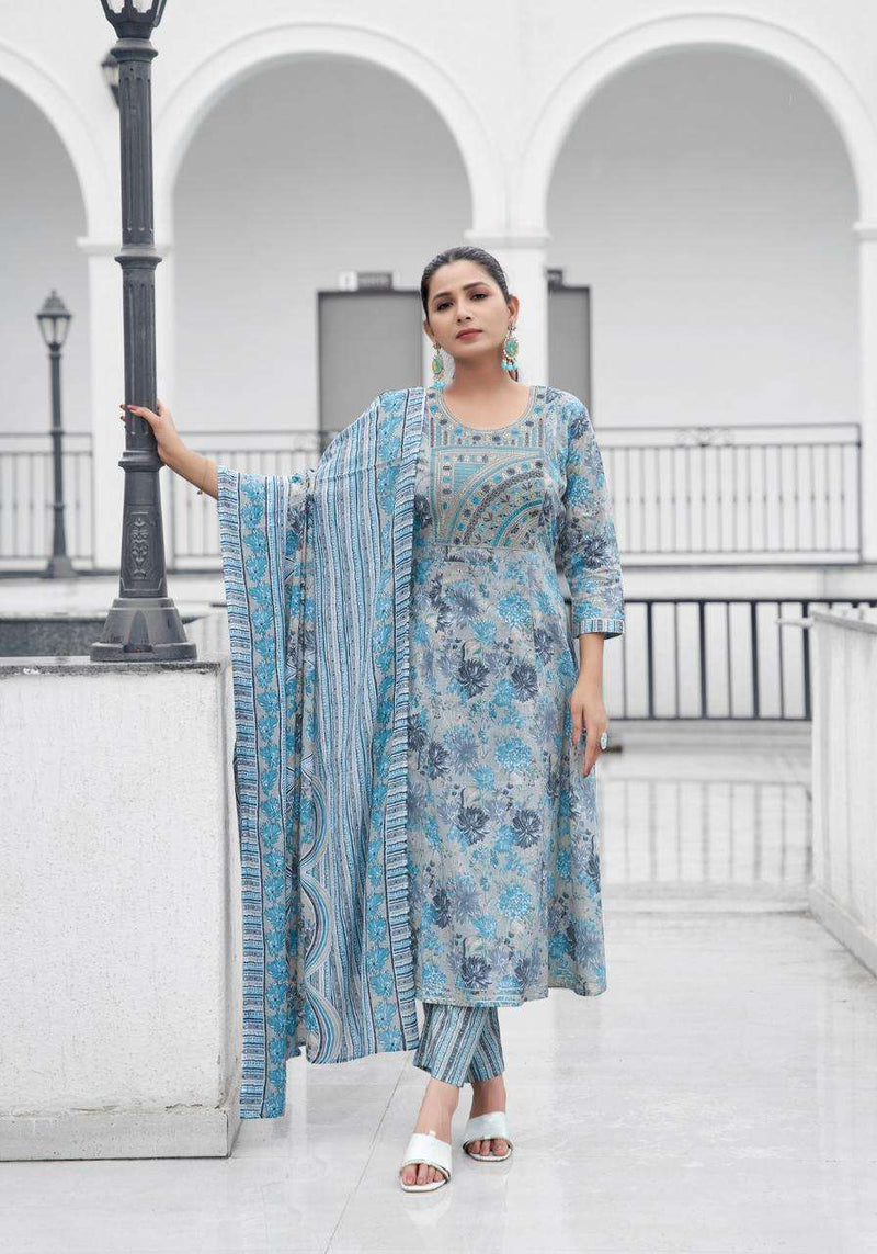 Mystic 9 Roop Vol 1 Cotton Foil Printed Nyra Cut Kurti Pant Dupatta Set