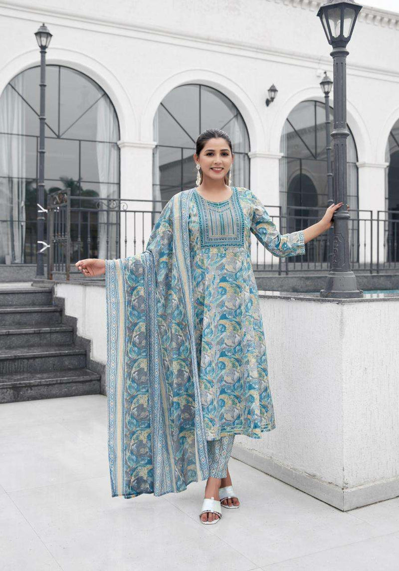 Mystic 9 Roop Vol 1 Cotton Foil Printed Nyra Cut Kurti Pant Dupatta Set