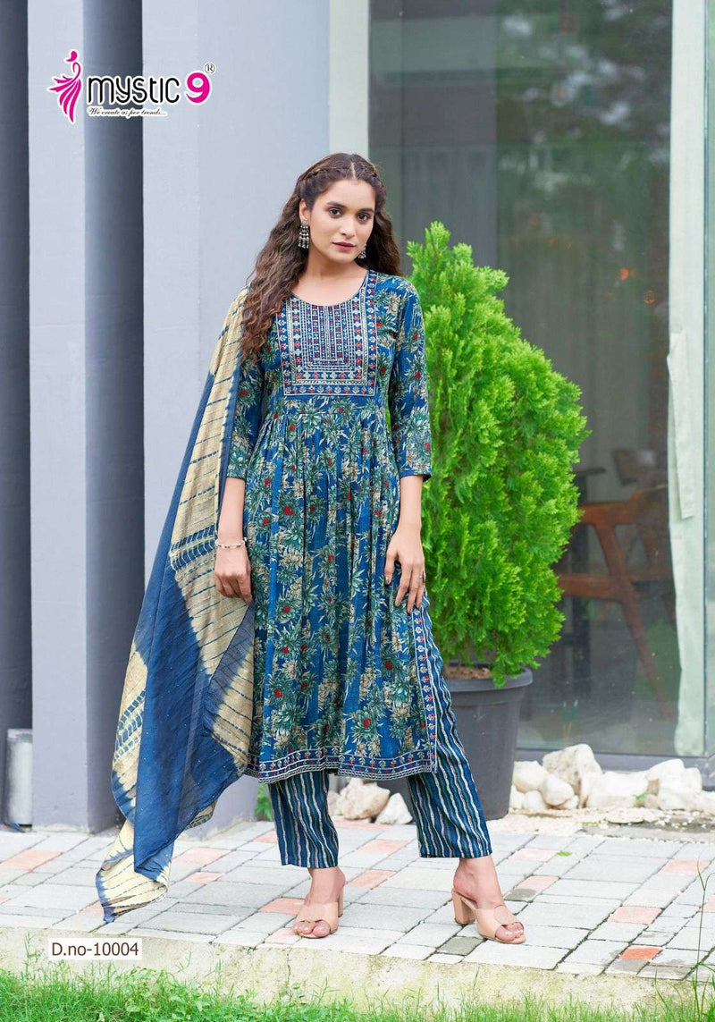 Mystic 9 Sara Vol 10 Rayon Embroidery Casual Wear Nyra Cut Kurti Pant Dupatta Set