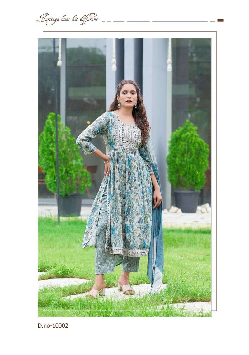 Mystic 9 Sara Vol 10 Rayon Embroidery Casual Wear Nyra Cut Kurti Pant Dupatta Set