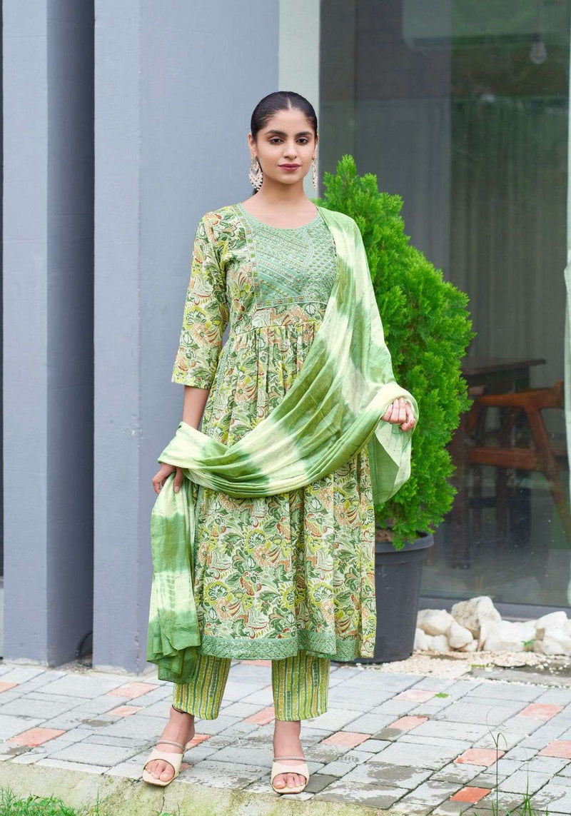 Mystic 9 Sara Vol 10 Rayon Embroidery Casual Wear Nyra Cut Kurti Pant Dupatta Set