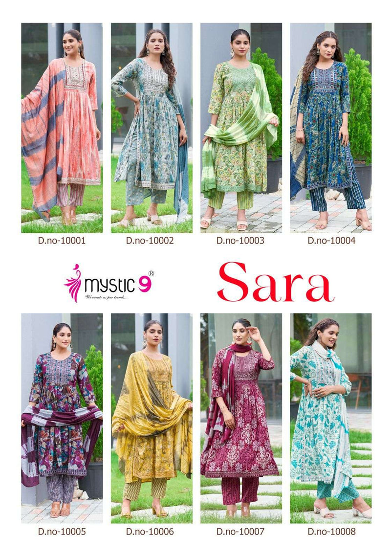 Mystic 9 Sara Vol 10 Rayon Embroidery Casual Wear Nyra Cut Kurti Pant Dupatta Set