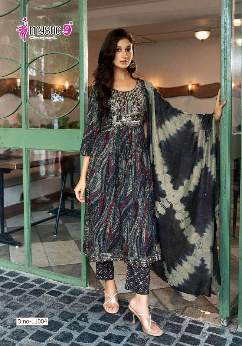 Mystic 9 Sara Vol 11 Rayon Capsule Foil Print Embroidery Casual Wear Kurti Pant Dupatta Set