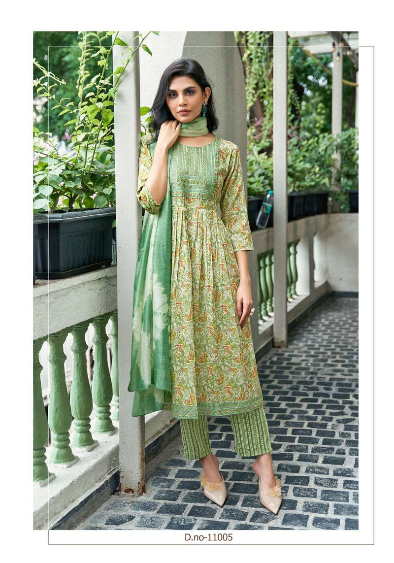 Mystic 9 Sara Vol 11 Rayon Capsule Foil Print Embroidery Casual Wear Kurti Pant Dupatta Set