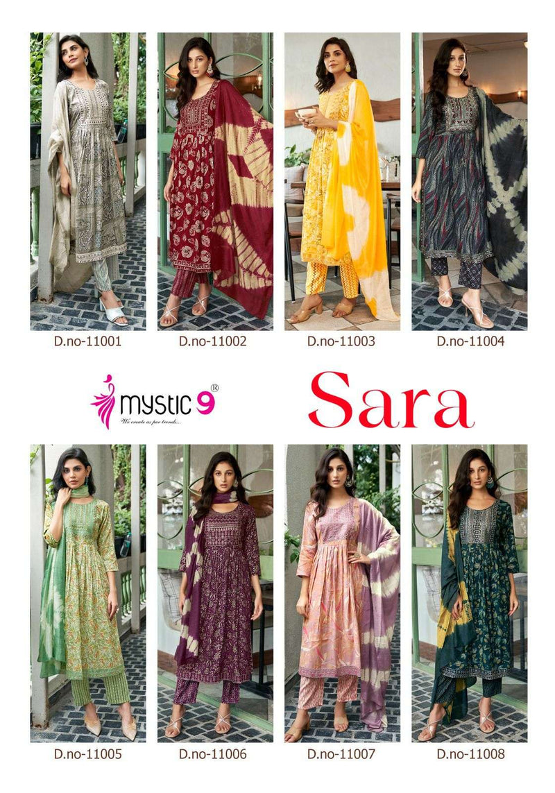 Mystic 9 Sara Vol 11 Rayon Capsule Foil Print Embroidery Casual Wear Kurti Pant Dupatta Set