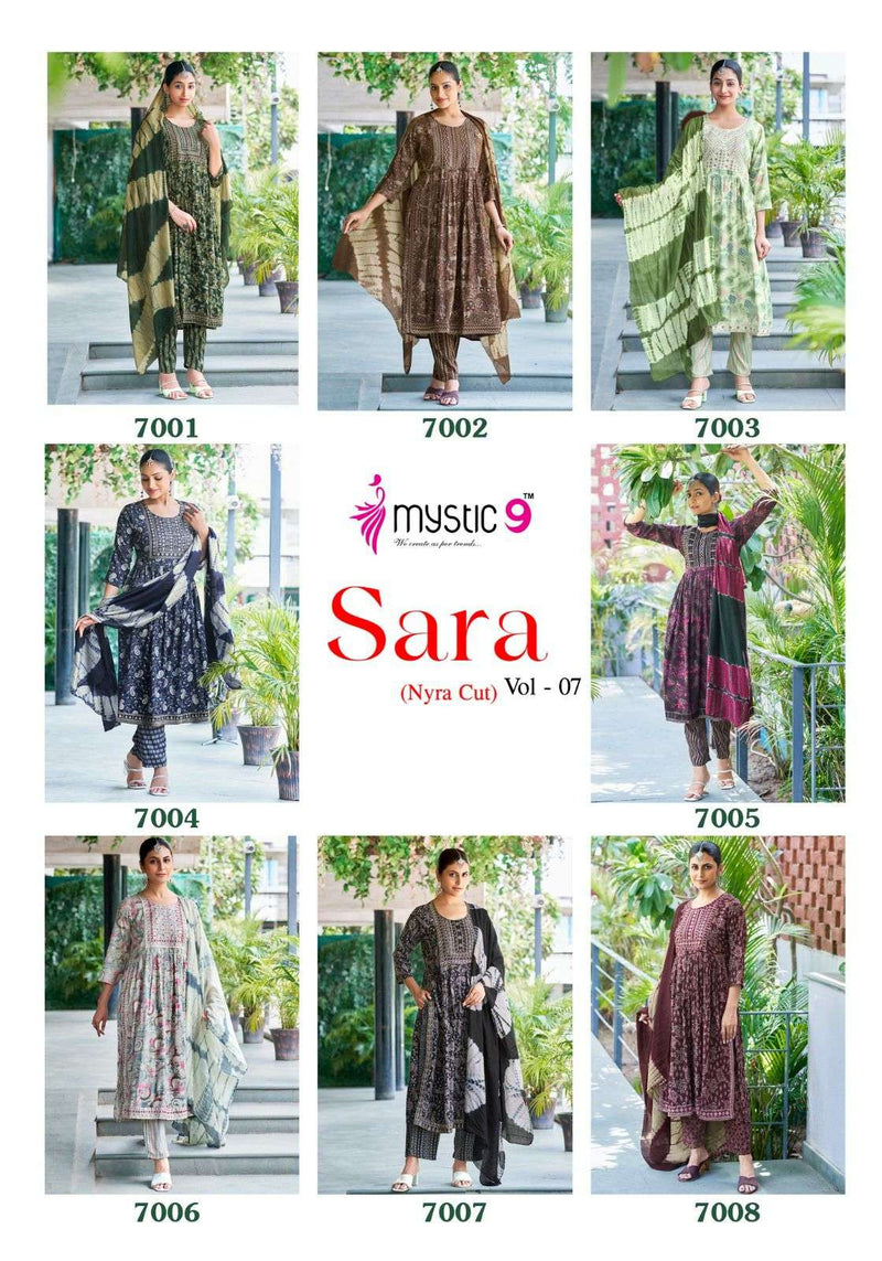 Mystic 9 Sara Vol 7 Premium Quality Rayon Capsule Foil Print Fancy Naira Cut Kurti Set