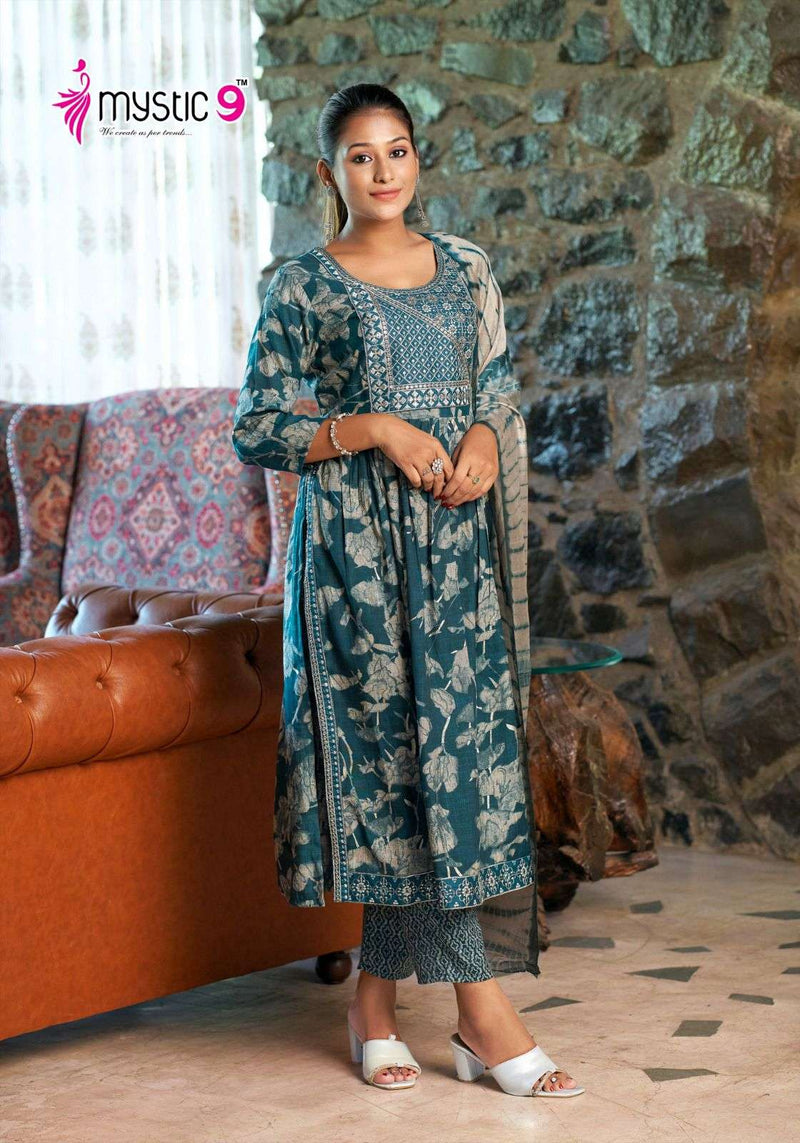 Mystic 9 Sara Vol 8 Rayon Capsule Foil Print With Embroidery Kurti Pant Dupatta Set