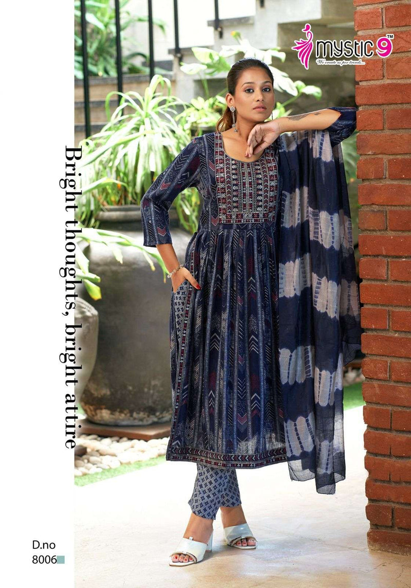 Mystic 9 Sara Vol 8 Rayon Capsule Foil Print With Embroidery Kurti Pant Dupatta Set