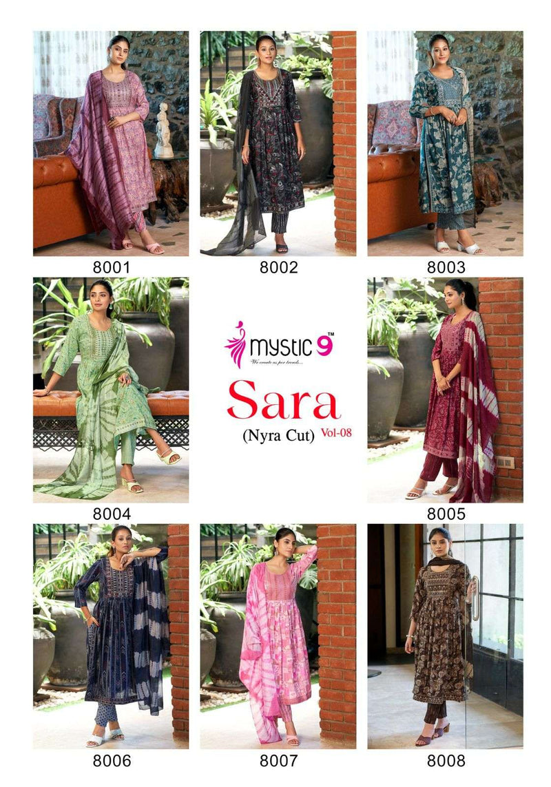 Mystic 9 Sara Vol 8 Rayon Capsule Foil Print With Embroidery Kurti Pant Dupatta Set