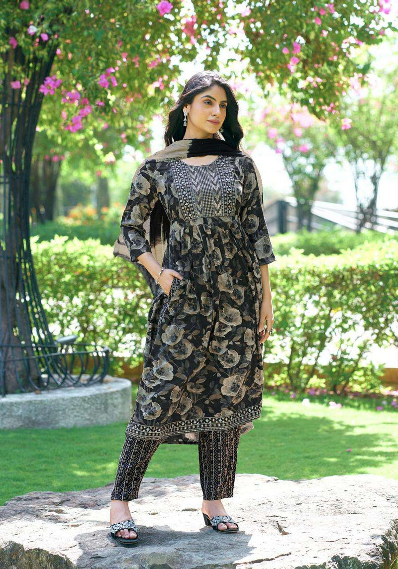 Mystic 9 Sara Vol 9 Rayon Capsule Foil Print Casual Wear Nayra Cut Kurti Pant Dupatta Set