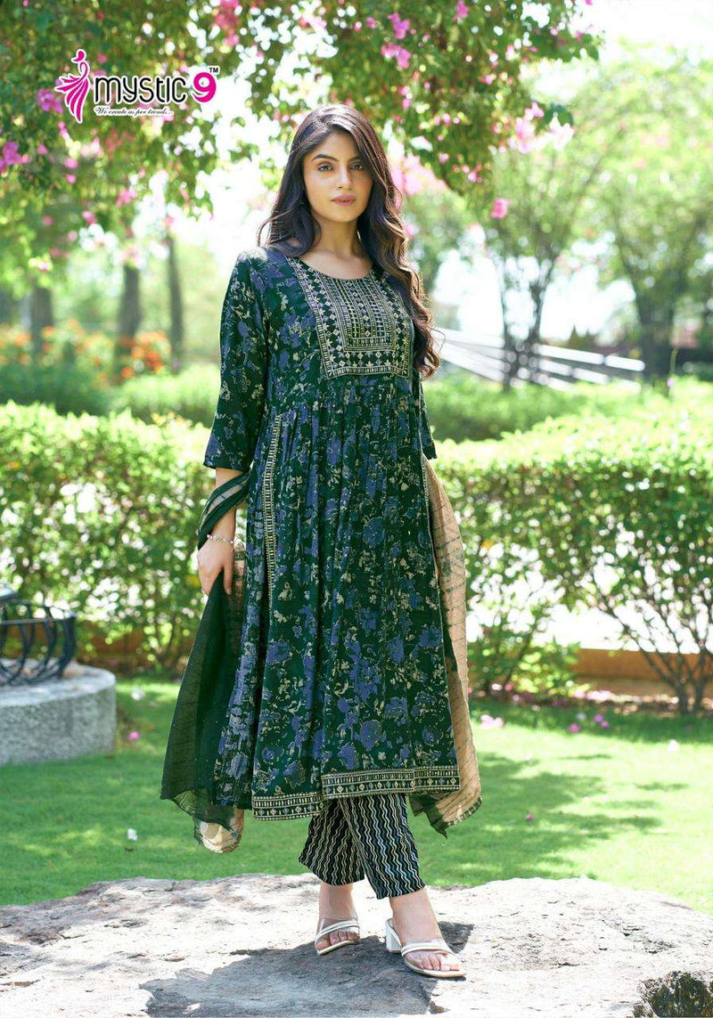 Mystic 9 Sara Vol 9 Rayon Capsule Foil Print Casual Wear Nayra Cut Kurti Pant Dupatta Set