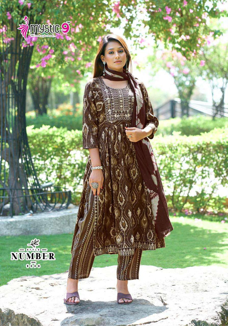 Mystic 9 Sara Vol 9 Rayon Capsule Foil Print Casual Wear Nayra Cut Kurti Pant Dupatta Set