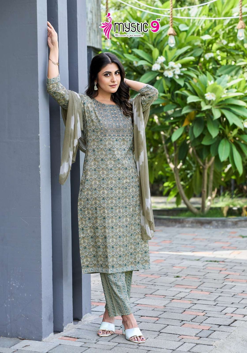 Mystic 9 Shagun Vol 4 Rayon Foil Print With Embroidery Kurti With Nazmin Dupatta Combo Set