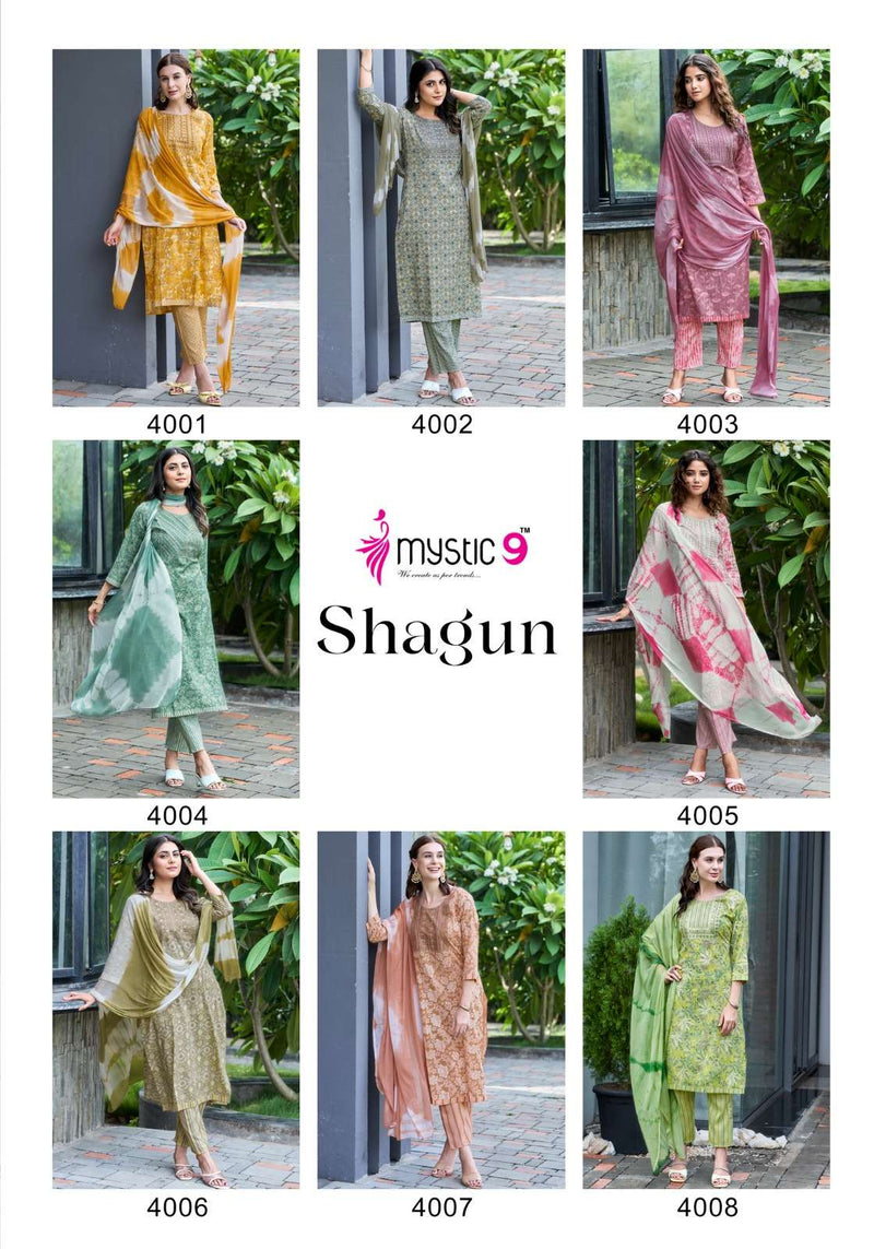 Mystic 9 Shagun Vol 4 Rayon Foil Print With Embroidery Kurti With Nazmin Dupatta Combo Set