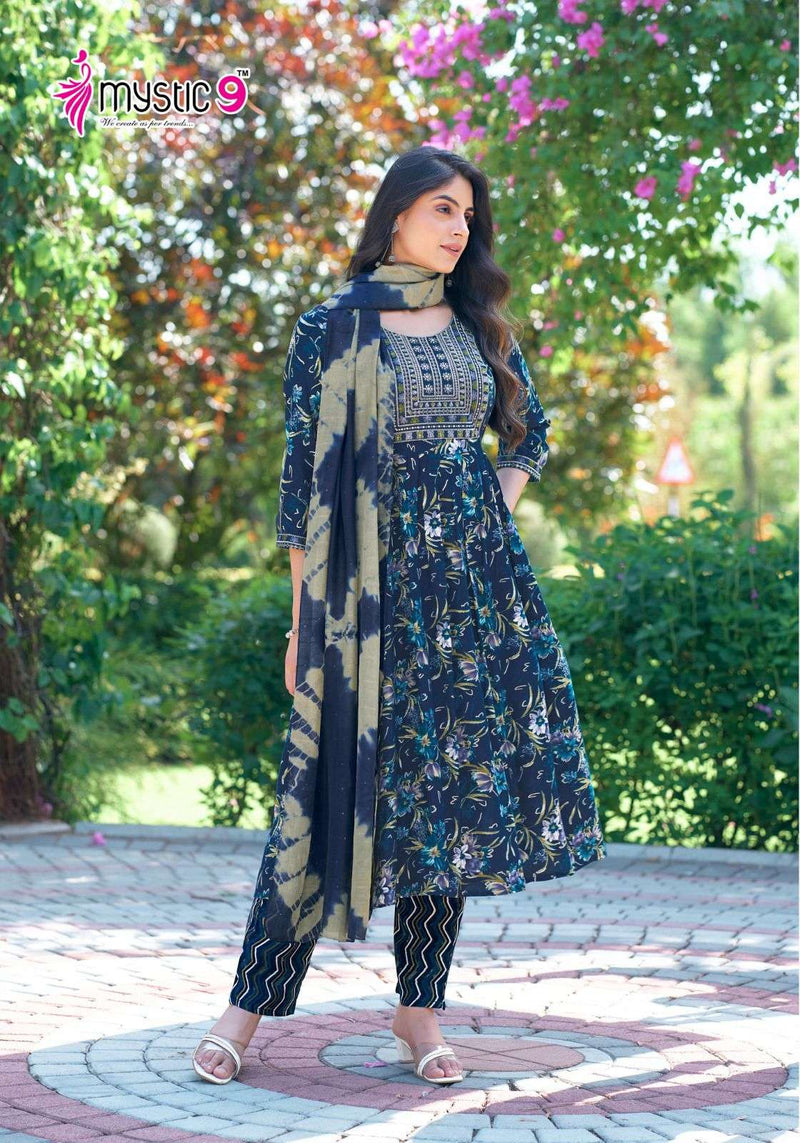 Mystic 9 Shanaya Vol 3 Rayon Foil Print Umbrella Cut Casual Wear Kurti Pant Dupatta Set