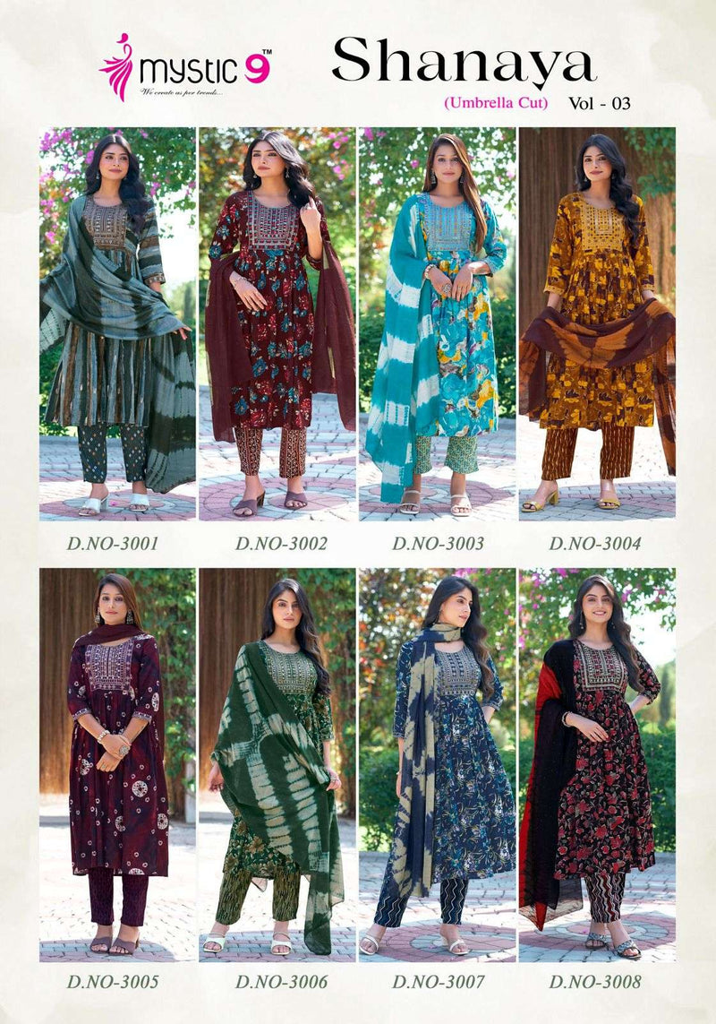 Mystic 9 Shanaya Vol 3 Rayon Foil Print Umbrella Cut Casual Wear Kurti Pant Dupatta Set