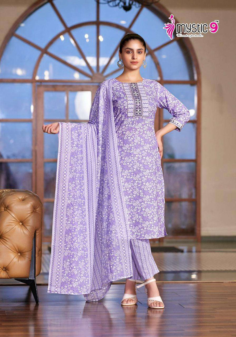 Mystic 9 Sofiya Vol 1 Cotton Printed Embroidery Kurti Pant Dupatta Set