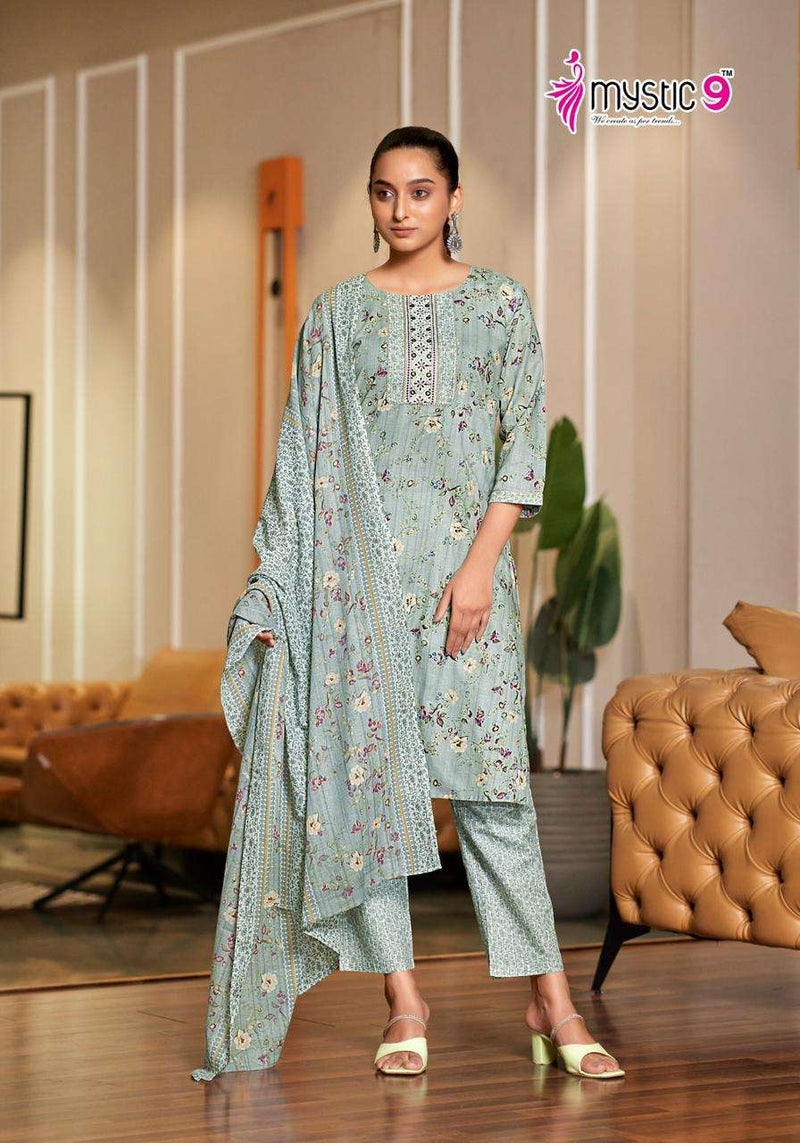 Mystic 9 Sofiya Vol 1 Cotton Printed Embroidery Kurti Pant Dupatta Set