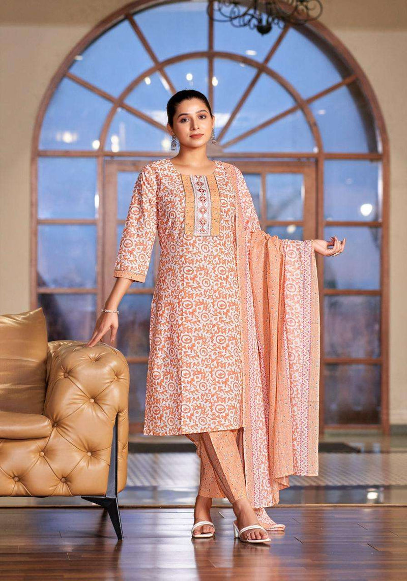 Mystic 9 Sofiya Vol 1 Cotton Printed Embroidery Kurti Pant Dupatta Set