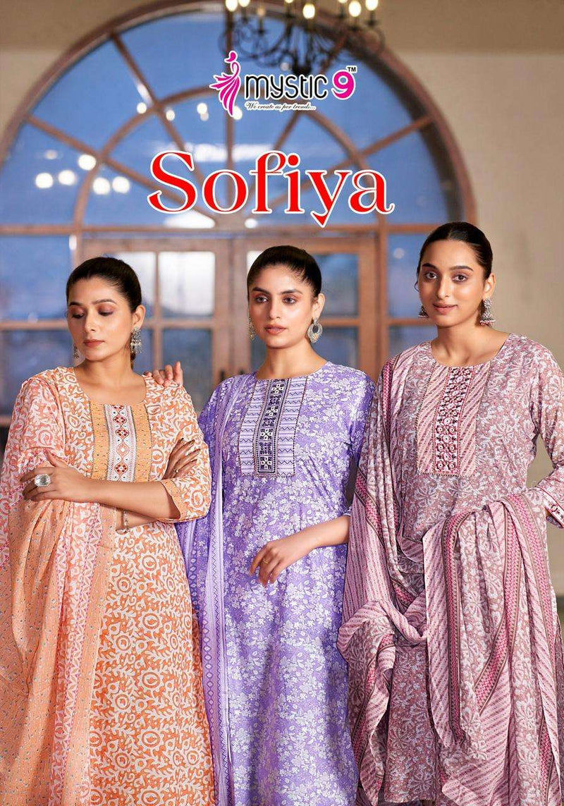 Mystic 9 Sofiya Vol 1 Cotton Printed Embroidery Kurti Pant Dupatta Set