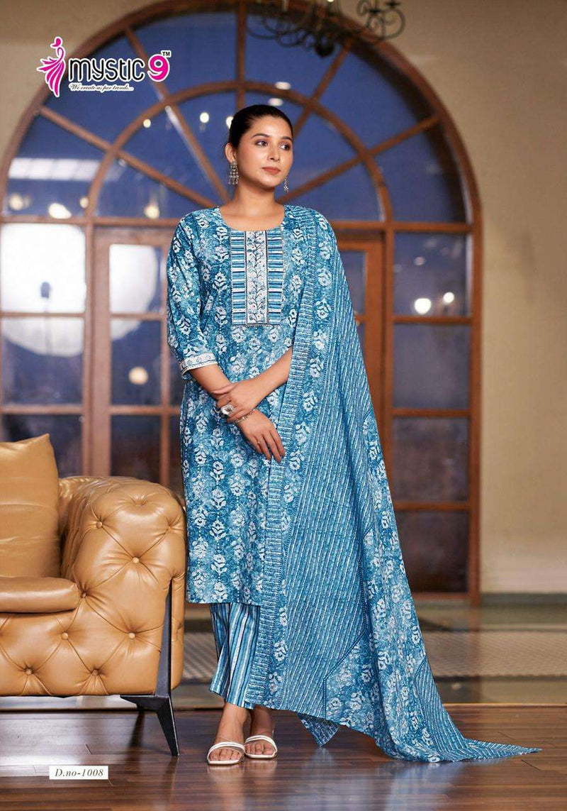 Mystic 9 Sofiya Vol 1 Cotton Printed Embroidery Kurti Pant Dupatta Set