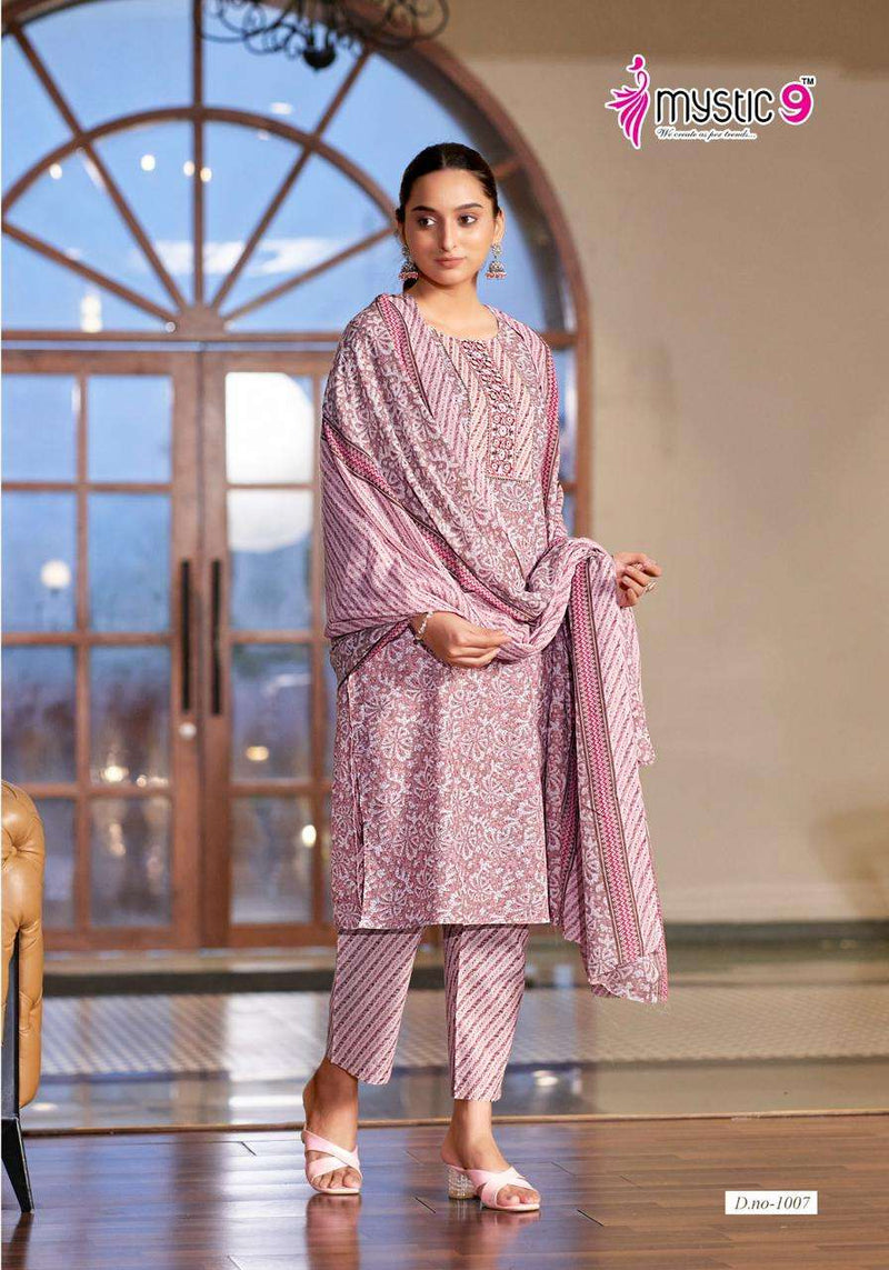 Mystic 9 Sofiya Vol 1 Cotton Printed Embroidery Kurti Pant Dupatta Set