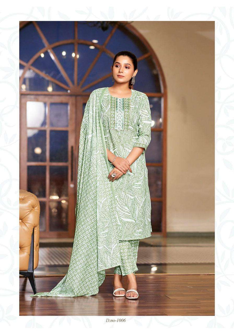 Mystic 9 Sofiya Vol 1 Cotton Printed Embroidery Kurti Pant Dupatta Set