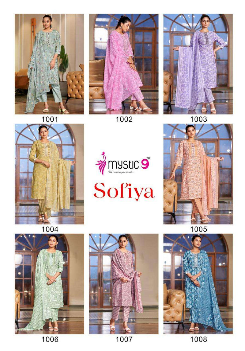 Mystic 9 Sofiya Vol 1 Cotton Printed Embroidery Kurti Pant Dupatta Set