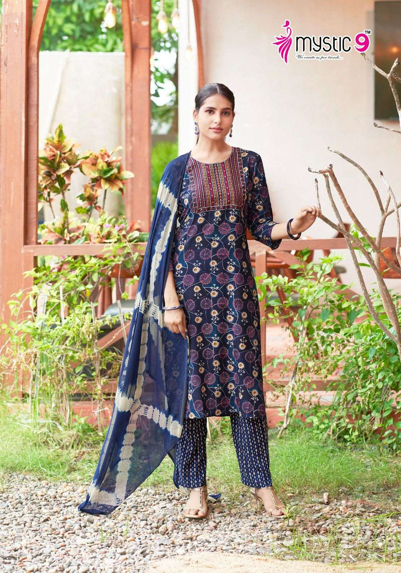 Mystic 9 Suman Vol 1 Rayon Foil Print Embroidery Casual Wear Kurti Pant Dupatta Set