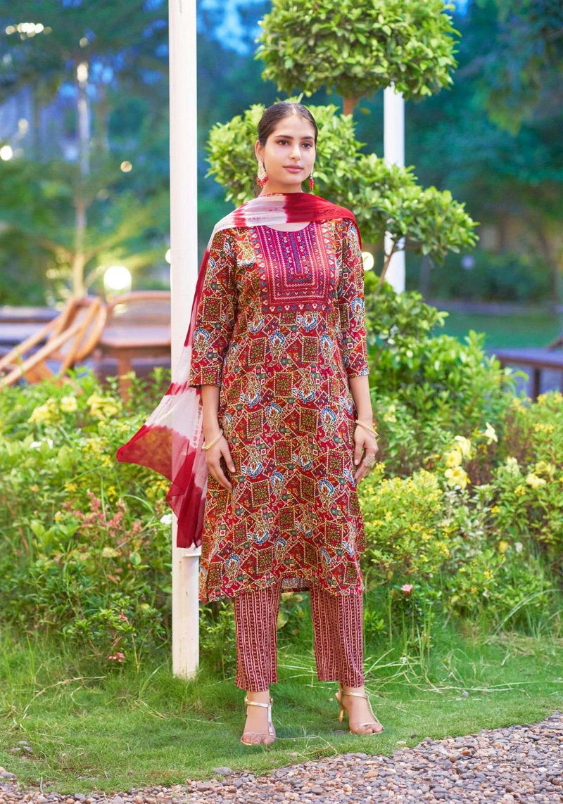 Mystic 9 Suman Vol 1 Rayon Foil Print Embroidery Casual Wear Kurti Pant Dupatta Set