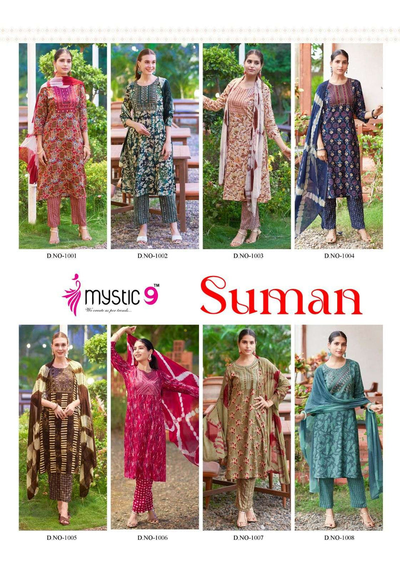 Mystic 9 Suman Vol 1 Rayon Foil Print Embroidery Casual Wear Kurti Pant Dupatta Set