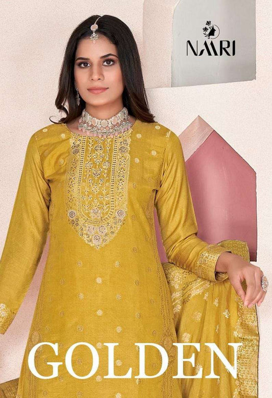 Naari Golden Pure Muslin Dola Jacquard With Siroski Work Heavy Designer Unstitched Party Wear Salwar Suit