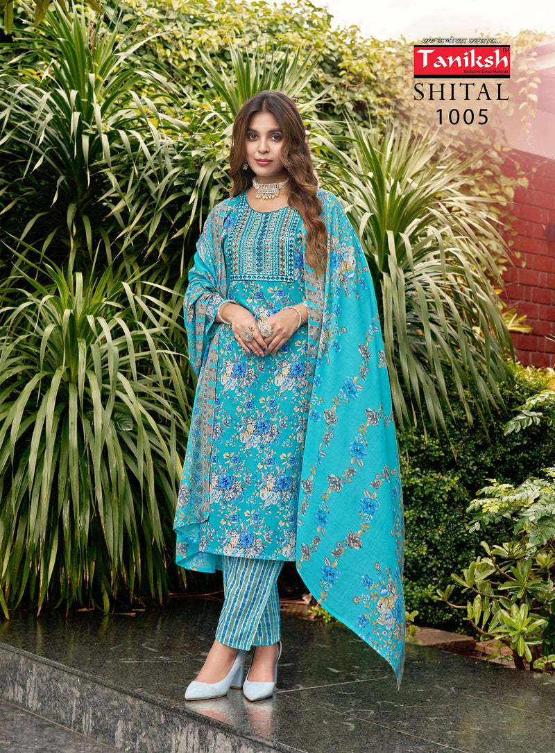 Navkar Shital Vol 1 Camric Cotton Embroidery Sikvans Work Casual Wear Kurti Pant Dupatta Set