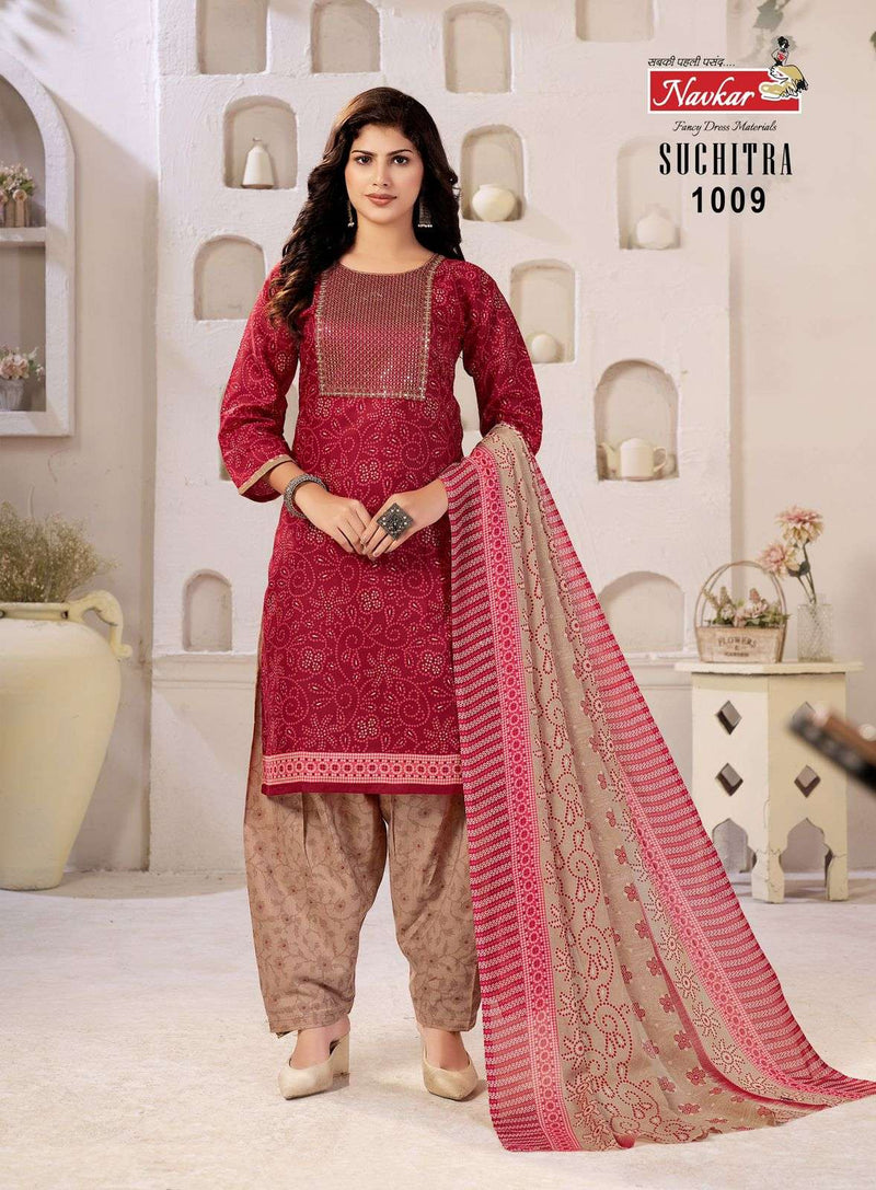 Navkar Suchtra Vol 1 Cotton Print Embroidery Work Patiyala Readymade Suit For Daily Wear