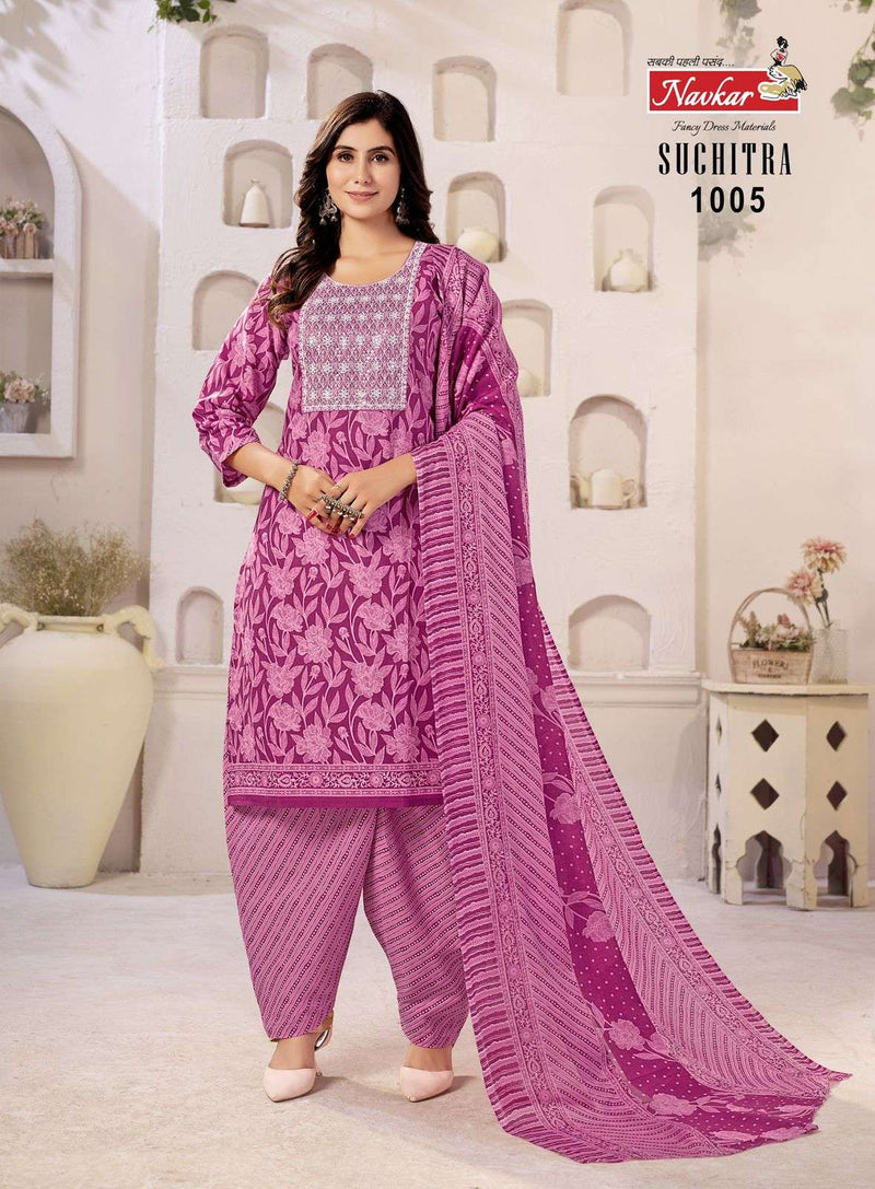 Navkar Suchtra Vol 1 Cotton Print Embroidery Work Patiyala Readymade Suit For Daily Wear