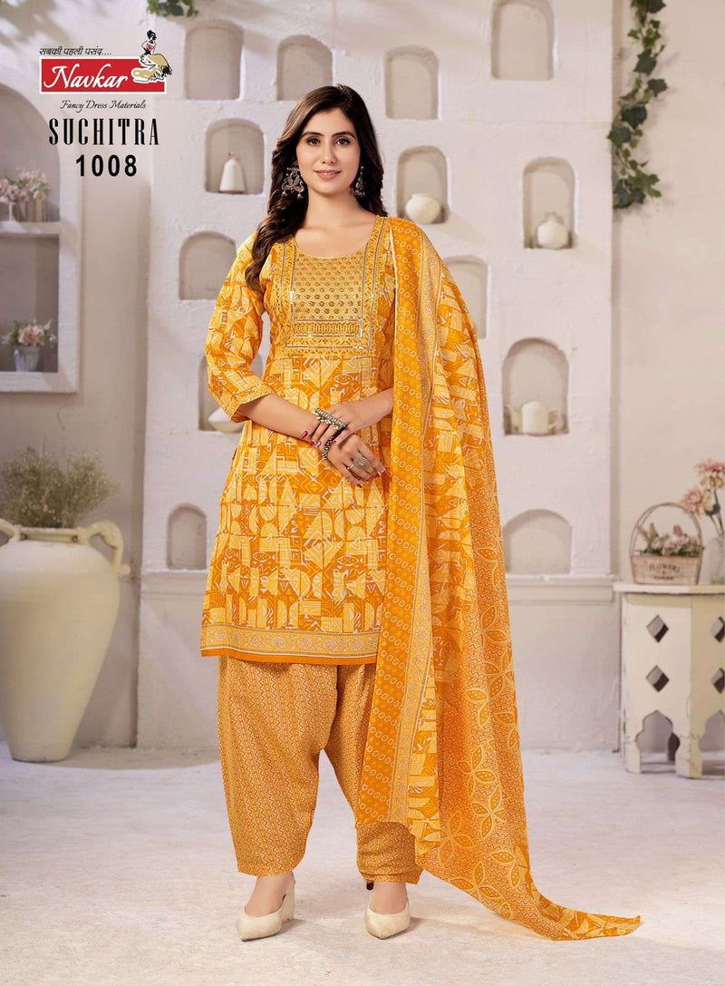 Navkar Suchtra Vol 1 Cotton Print Embroidery Work Patiyala Readymade Suit For Daily Wear