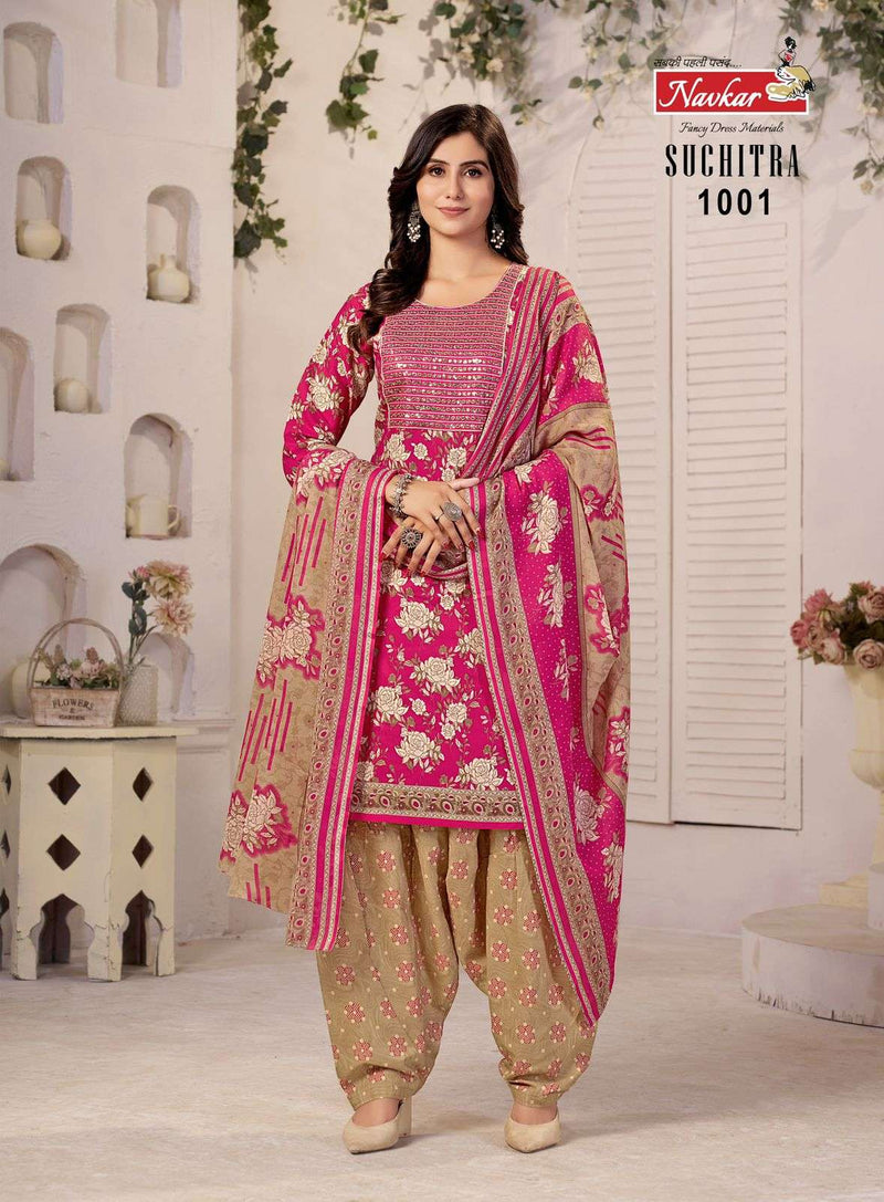 Navkar Suchtra Vol 1 Cotton Print Embroidery Work Patiyala Readymade Suit For Daily Wear