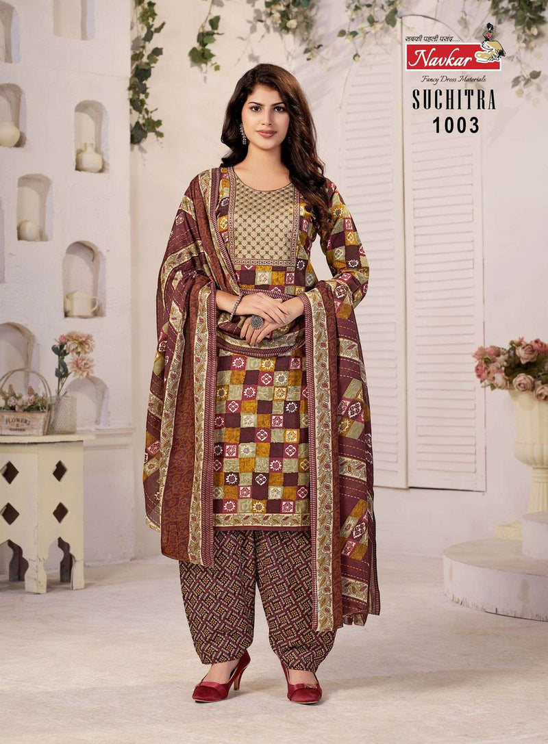 Navkar Suchtra Vol 1 Cotton Print Embroidery Work Patiyala Readymade Suit For Daily Wear