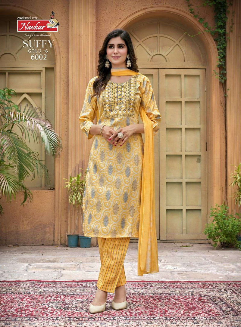 Navkar Suffy Gold Vol 6 Rayon Foil Print With Embroidery Work Fancy Kurti Combo Set