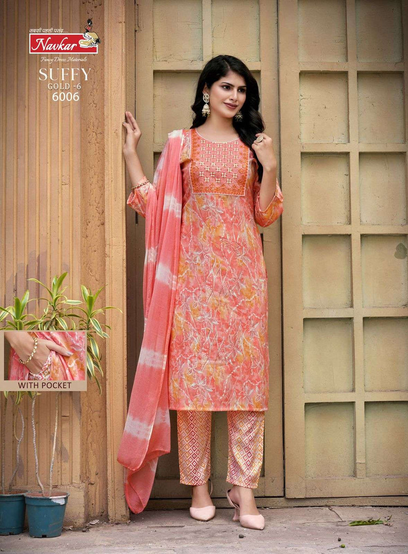 Navkar Suffy Gold Vol 6 Rayon Foil Print With Embroidery Work Fancy Kurti Combo Set